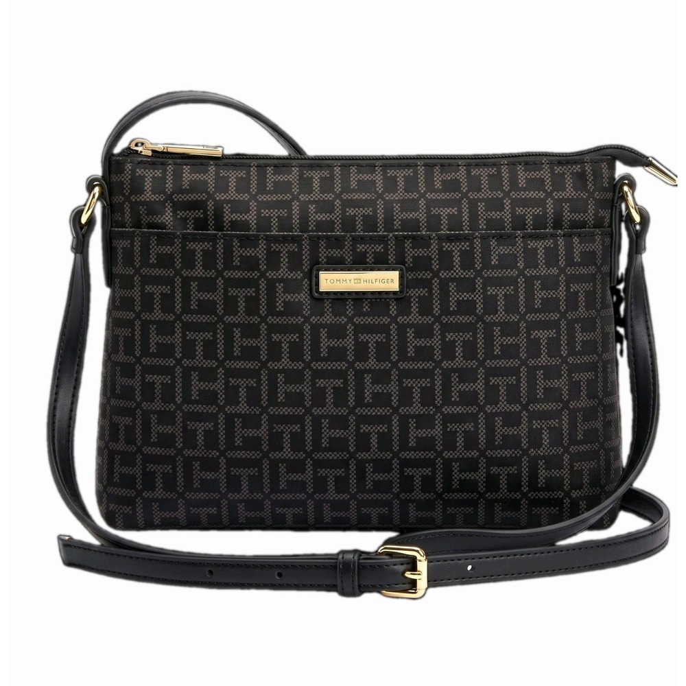 Tommy Hilfiger Black Monogram Jacquard Crossbody Bag Gold Tone Logo 2018